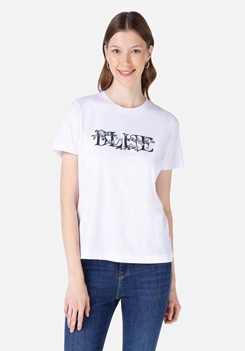 Imagine a Regular Fit Round Neck Tricou Alb Cu Mânecă Scurtă Pentru Femei