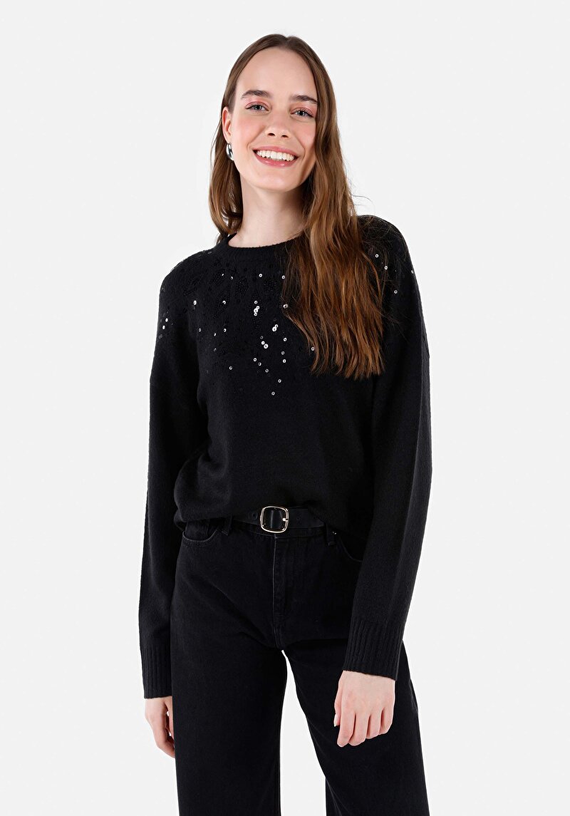 Imagine a Regular Fit Round Neck Drept Pulover Negru Pentru Femei