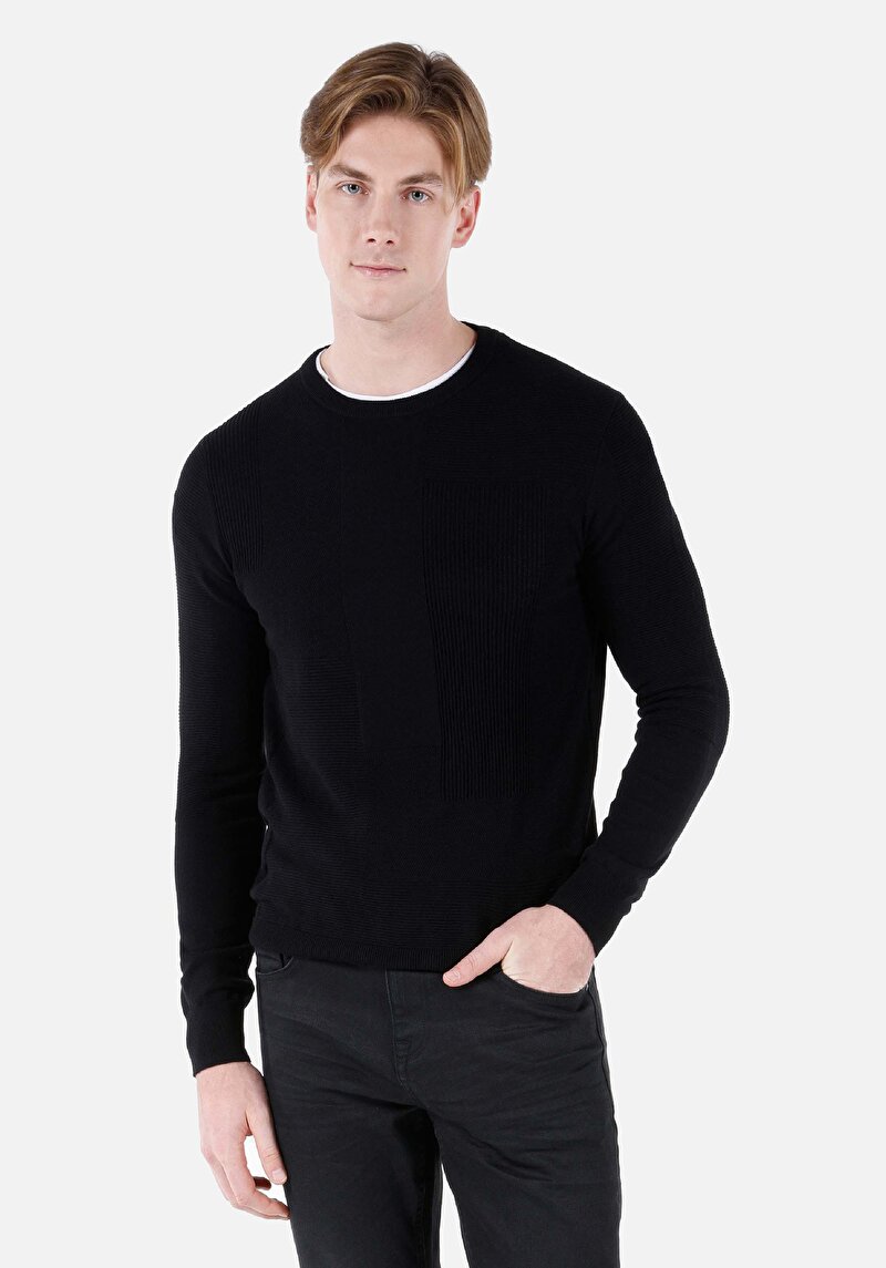 Imagine a Pulover Negru Pentru Bărbați Regular Fit Round Neck Jacquard