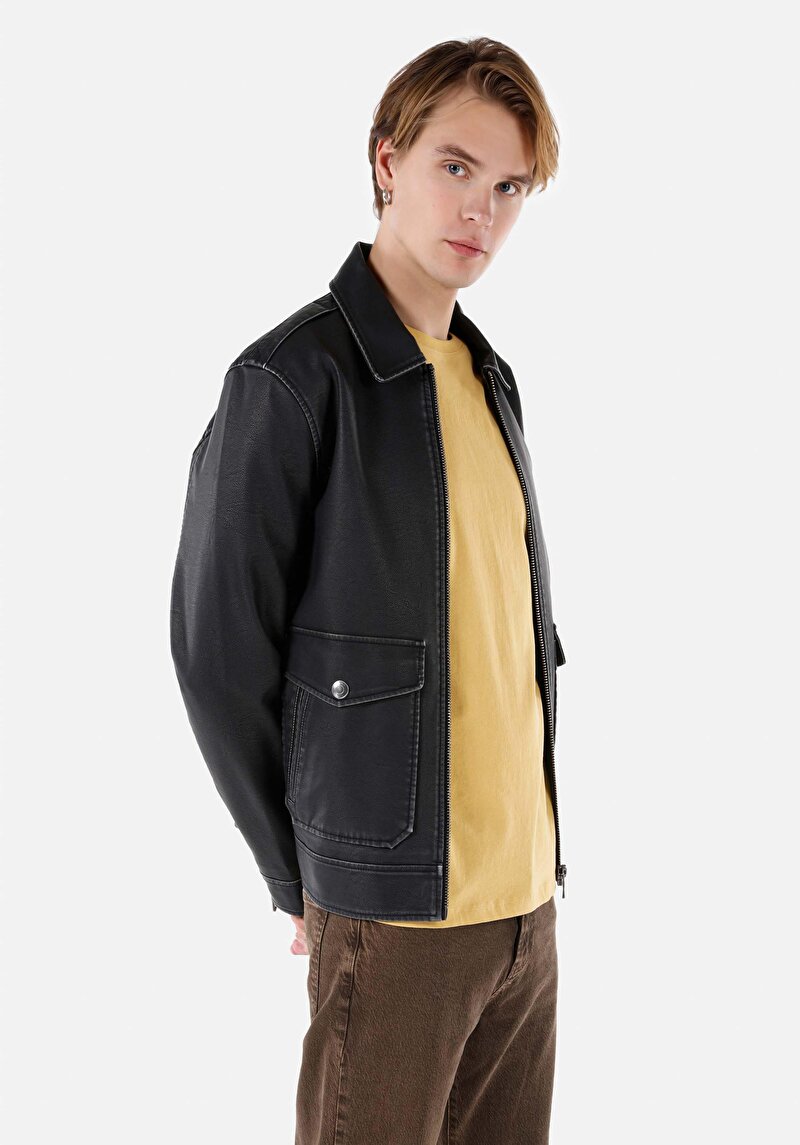 Imagine a Palton Negru Pentru Bărbați Slim Fit Pu