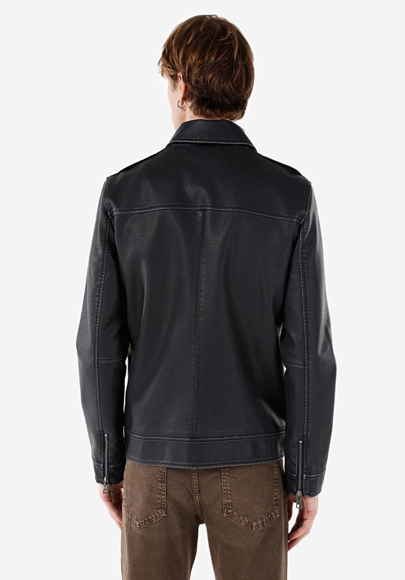 Imagine a Palton Negru Pentru Bărbați Slim Fit Pu