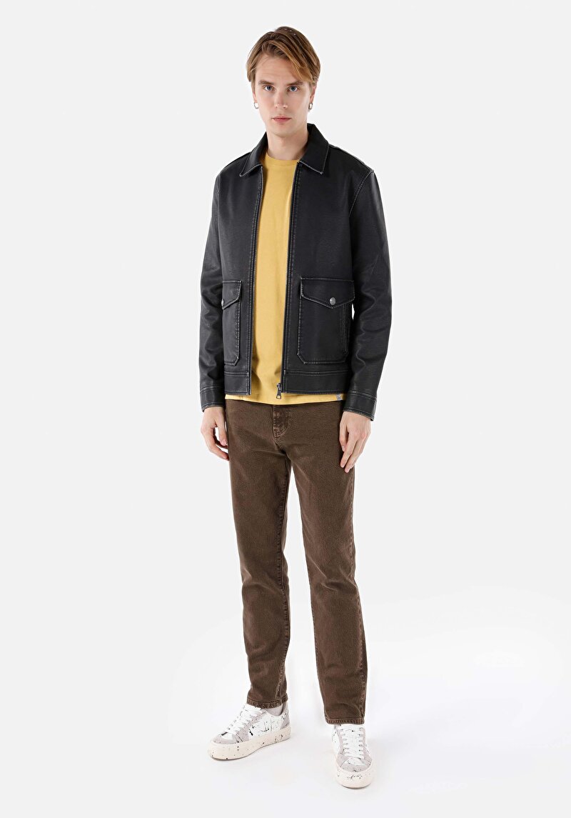 Imagine a Palton Negru Pentru Bărbați Slim Fit Pu