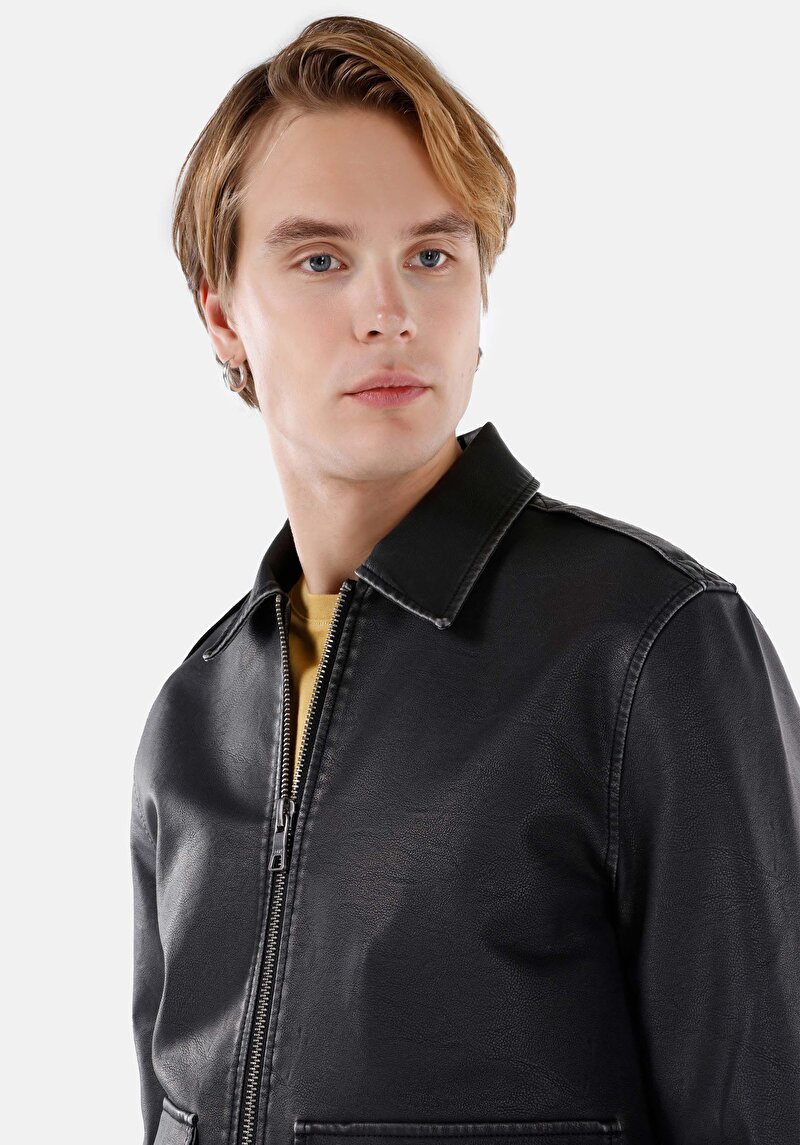 Afișați detalii pentru Palton Negru Pentru Bărbați Slim Fit Pu