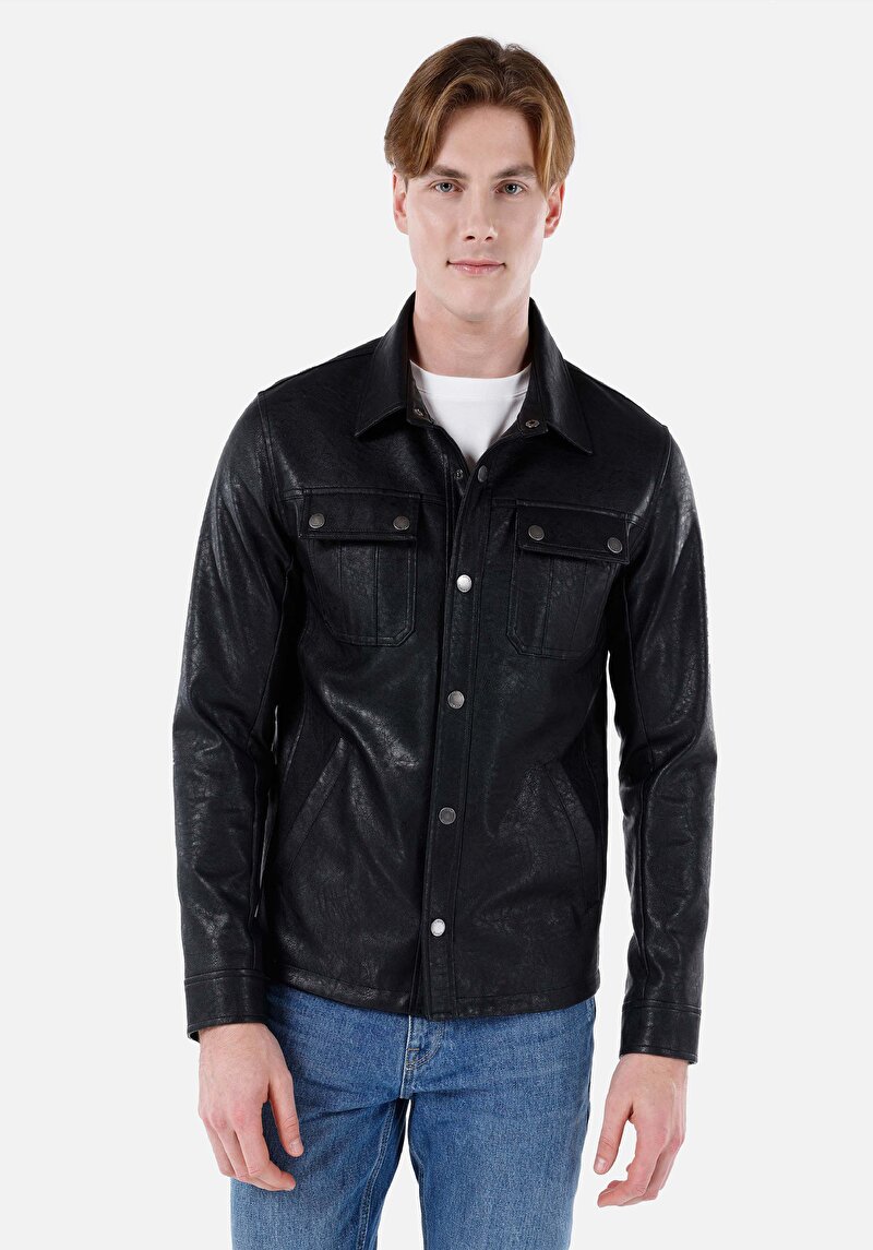 Imagine a Palton Negru Pentru Bărbați Slim Fit Pu