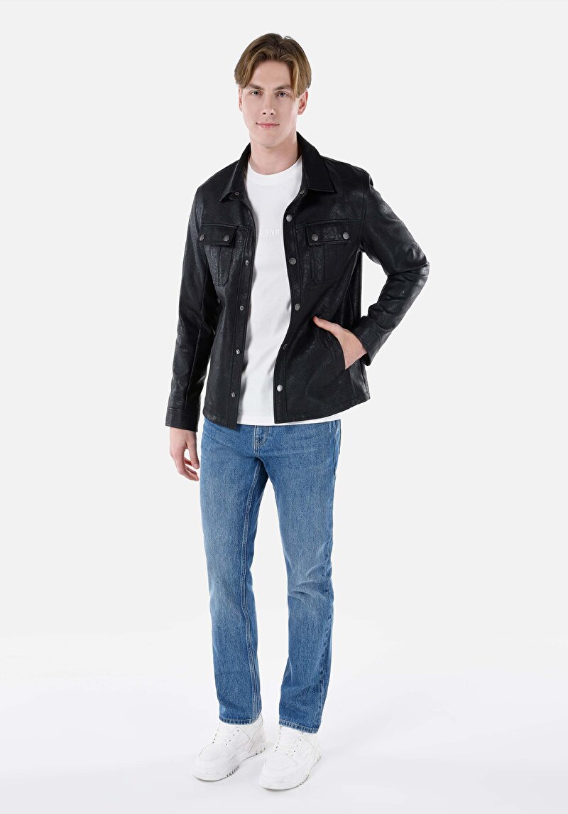 Imagine a Palton Negru Pentru Bărbați Slim Fit Pu