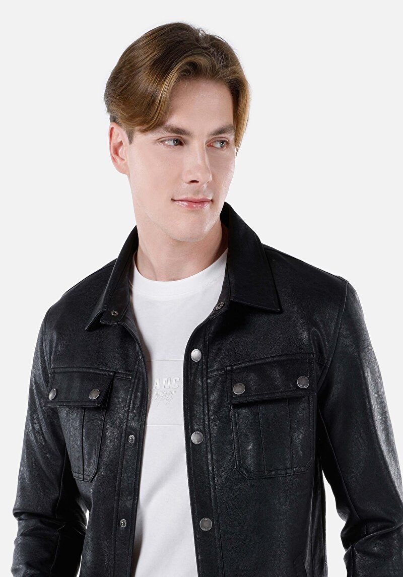 Afișați detalii pentru Palton Negru Pentru Bărbați Slim Fit Pu