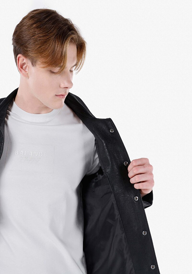 Afișați detalii pentru Palton Negru Pentru Bărbați Slim Fit Pu