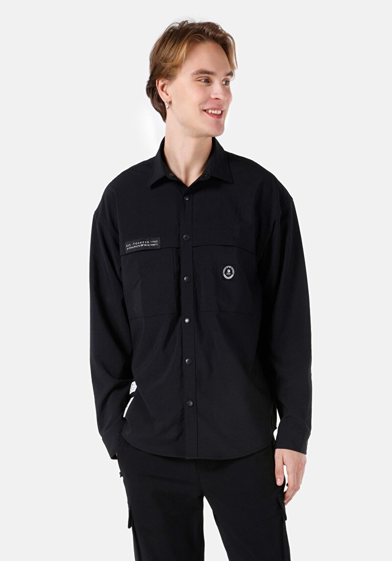 Imagine a Cămașă Comfort Fit Neck Drept Bărbați Negru Cămașă Cu Mânecă Lungă