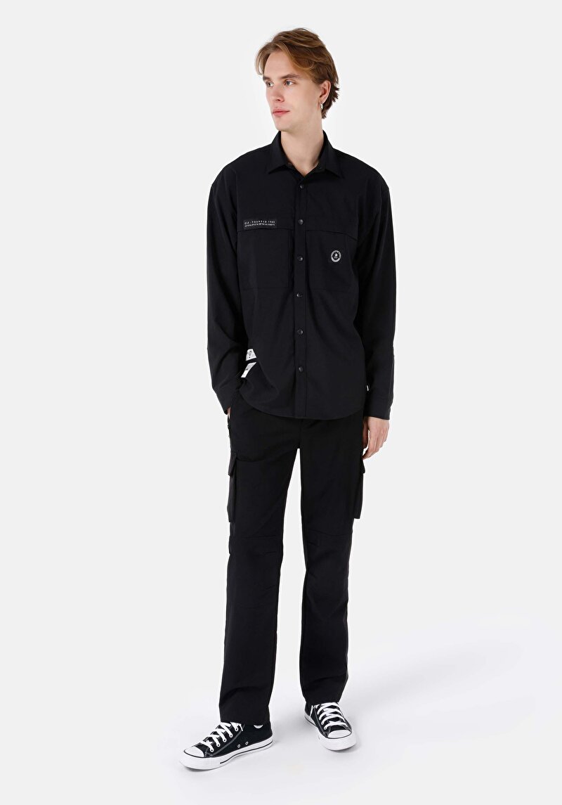 Afișați detalii pentru Cămașă Comfort Fit Neck Drept Bărbați Negru Cămașă Cu Mânecă Lungă