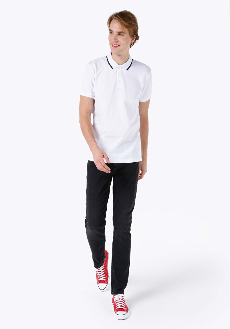 Afișați detalii pentru Regular Fit Polo Neck Drept Bărbați Alb Tricou Cu Mânecă Scurtă