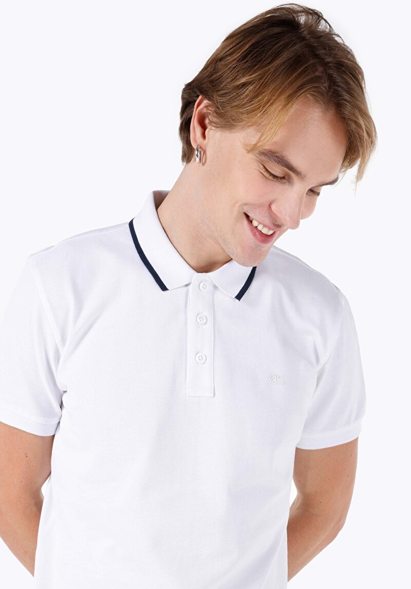 Afișați detalii pentru Regular Fit Polo Neck Drept Bărbați Alb Tricou Cu Mânecă Scurtă