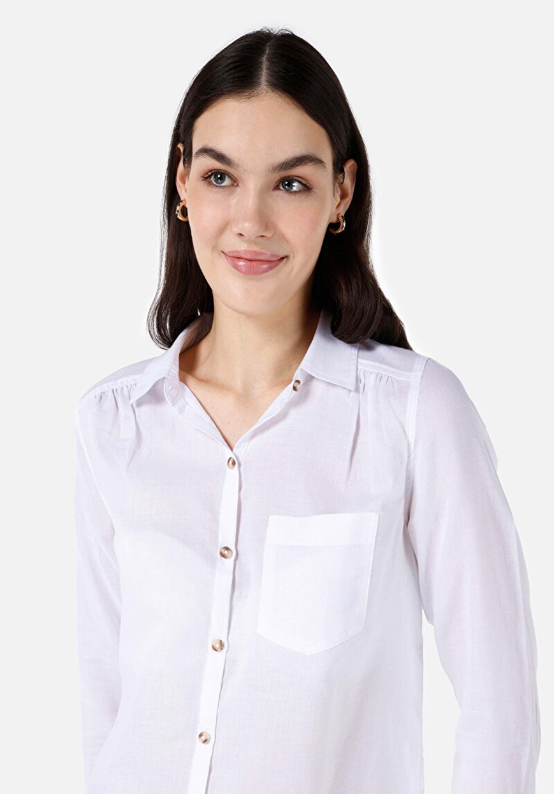 Imagine a Regular Fit Cămașă Decolteu Drept Cămașă Albă Cu Mânecă Lungă Pentru Femei