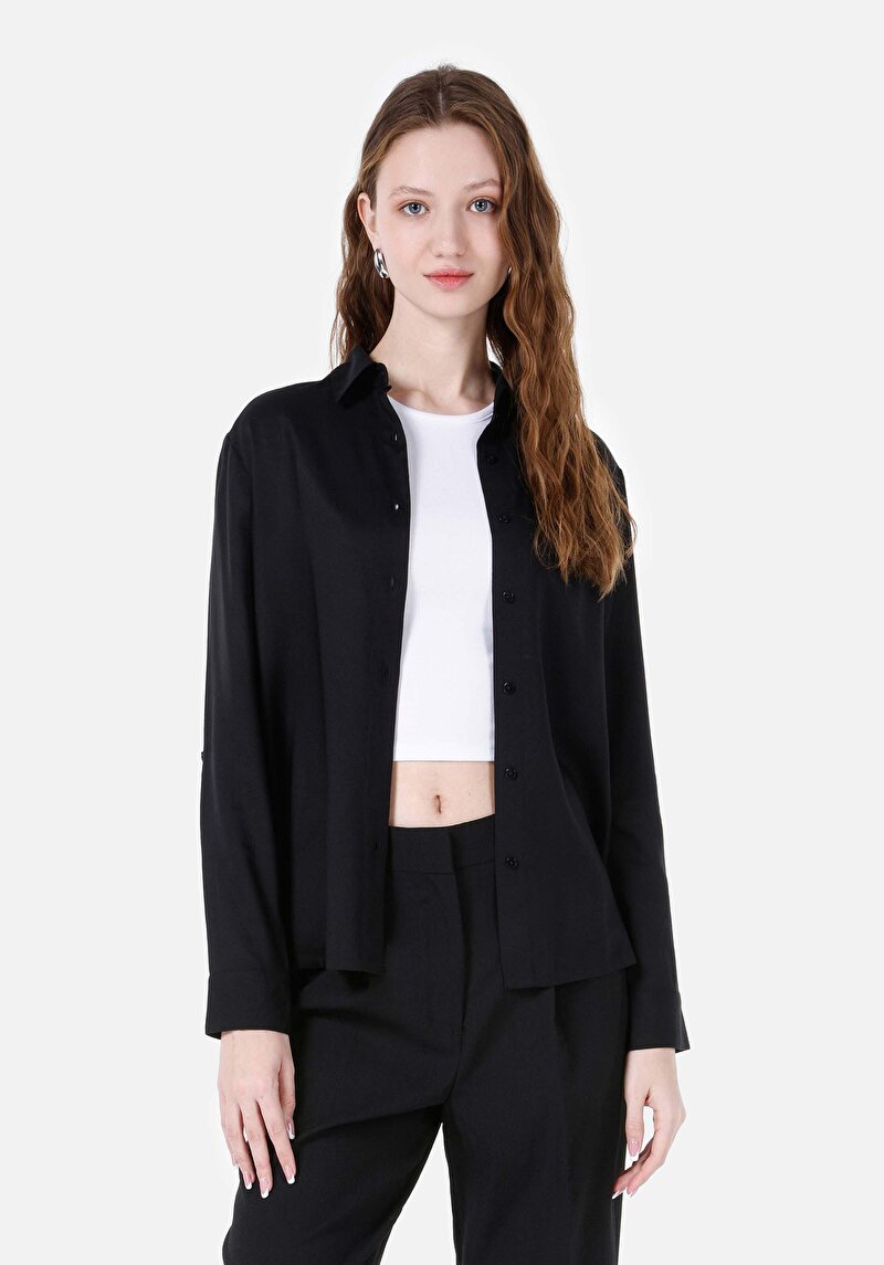 Imagine a Cămașă Regular Fit Neck Drept Cămașă Neagră Roll-Up Pentru Femei