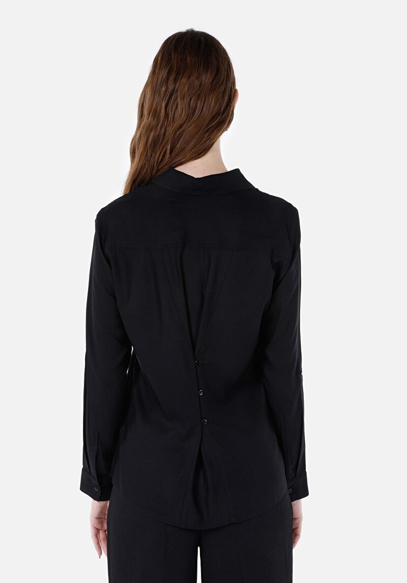 Afișați detalii pentru Cămașă Regular Fit Neck Drept Cămașă Neagră Roll-Up Pentru Femei