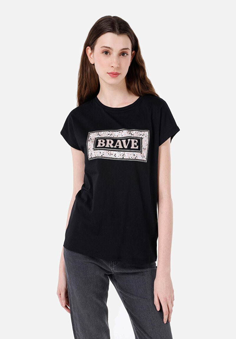 Imagine a Regular Fit Round Neck Tricou Negru Cu Mânecă Scurtă Pentru Femei