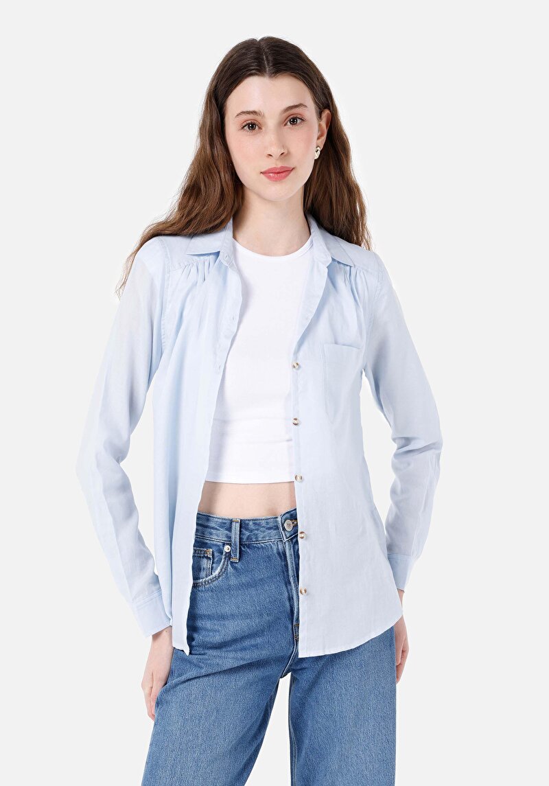 Imagine a Regular Fit Cămașă Decolteu Drept Cămașă Albastră Manșon Lung Pentru Femei