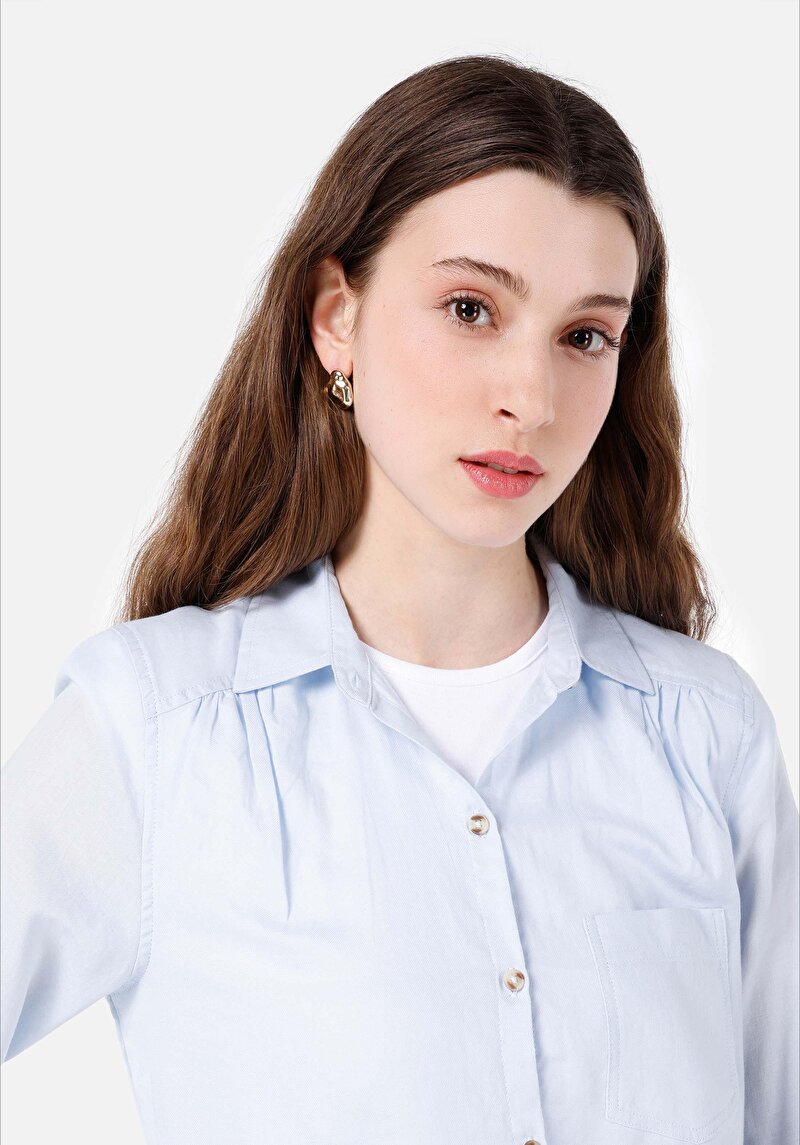 Imagine a Regular Fit Cămașă Decolteu Drept Cămașă Albastră Manșon Lung Pentru Femei