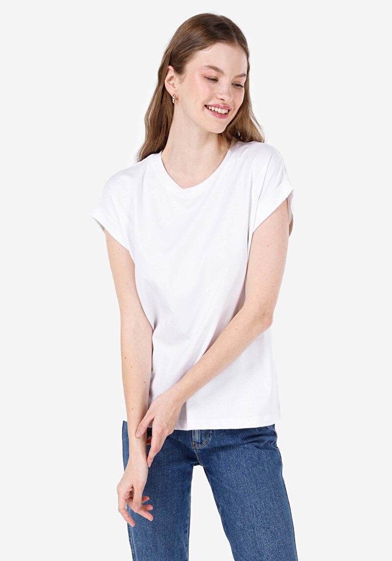 Imagine a Regular Fit Round Neck Drept Tricou Alb Cu Mânecă Scurtă Pentru Femei