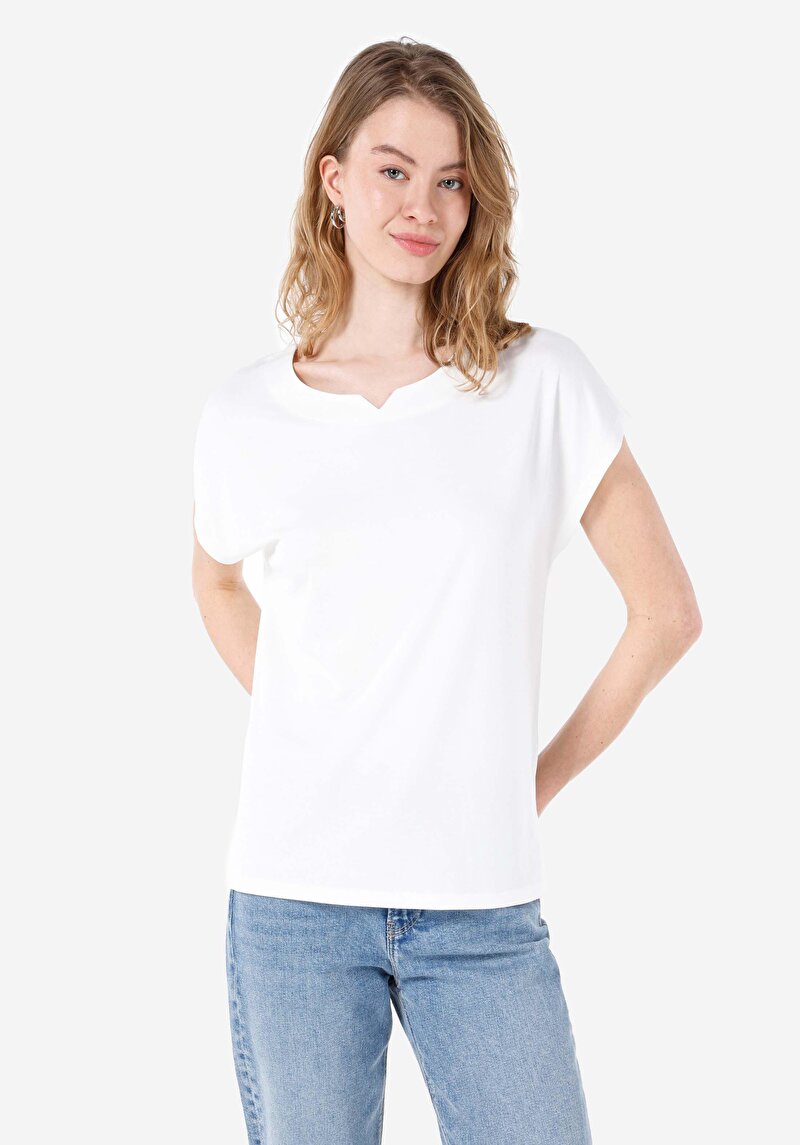 Imagine a Regular Fit Round Neck Drept Tricou Alb Cu Mânecă Scurtă Pentru Femei
