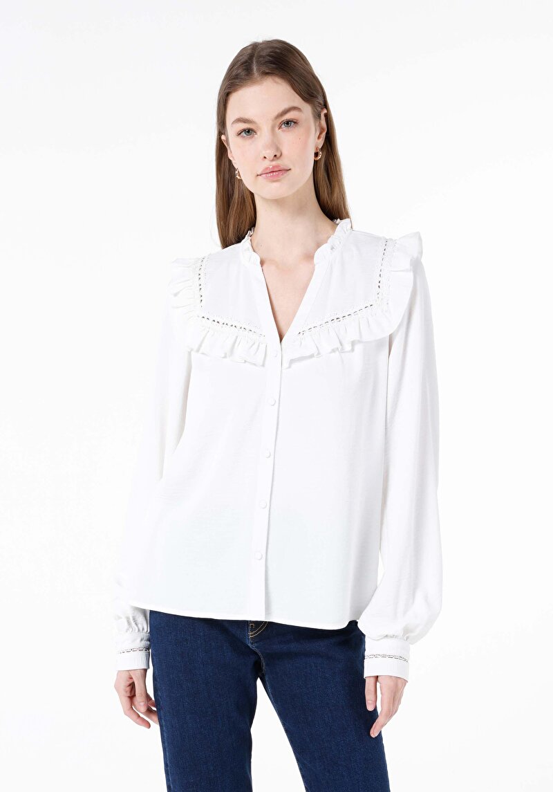 Imagine a Regular Fit Cămașă Albă Cu Mânecă Lungă Pentru Femei Cu Decolteu În V