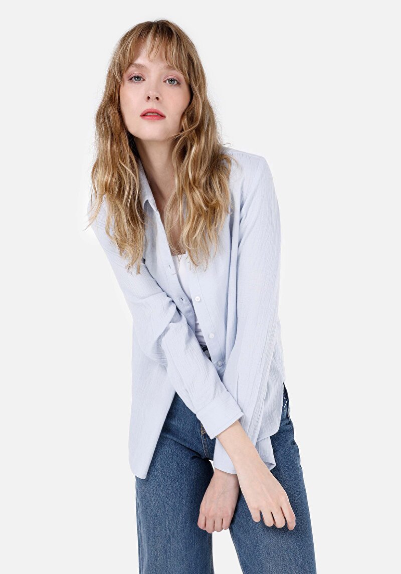 Imagine a Regular Fit Cămașă Decolteu Drept Cămașă Albastră Manșon Lung Pentru Femei