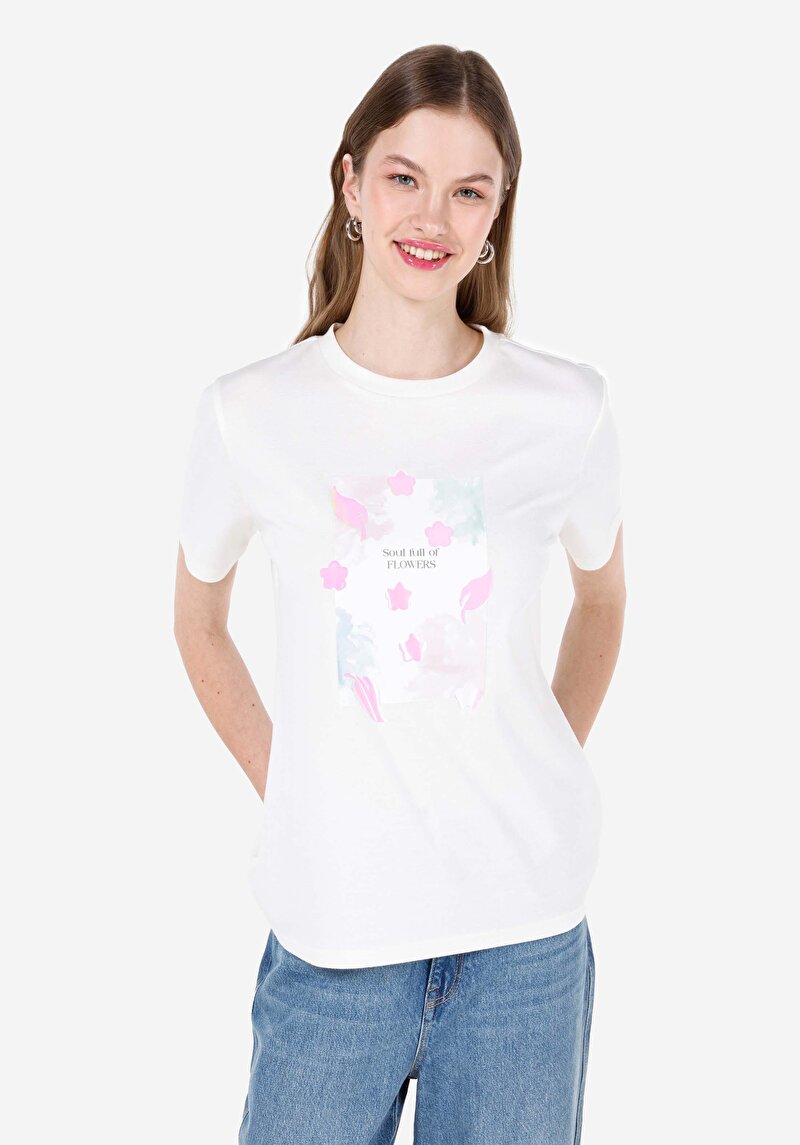 Imagine a Regular Fit Round Neck Tricou Pentru Femei Alb Cu Mânecă 3/4