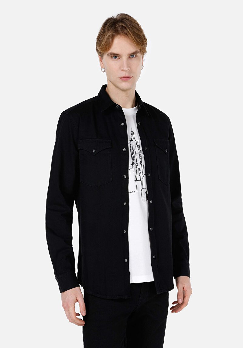 Imagine a Regular Fit Classic Collar Cămașă Albastră Cu Mânecă Lungă Pentru Bărbați