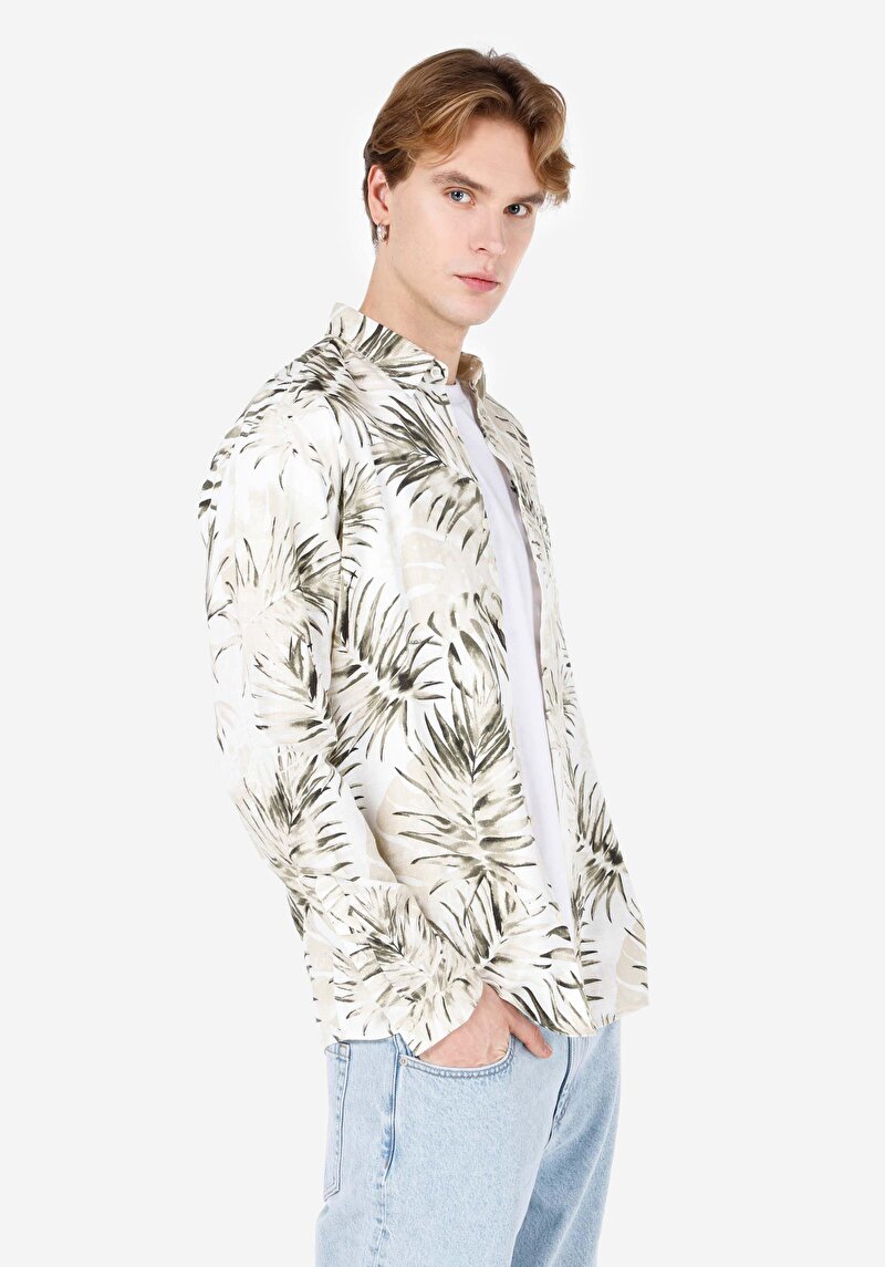 Imagine a Cămașă Cu Gât İmprimat Cămașă Cu Mânecă Lungă Bej Pentru Bărbați