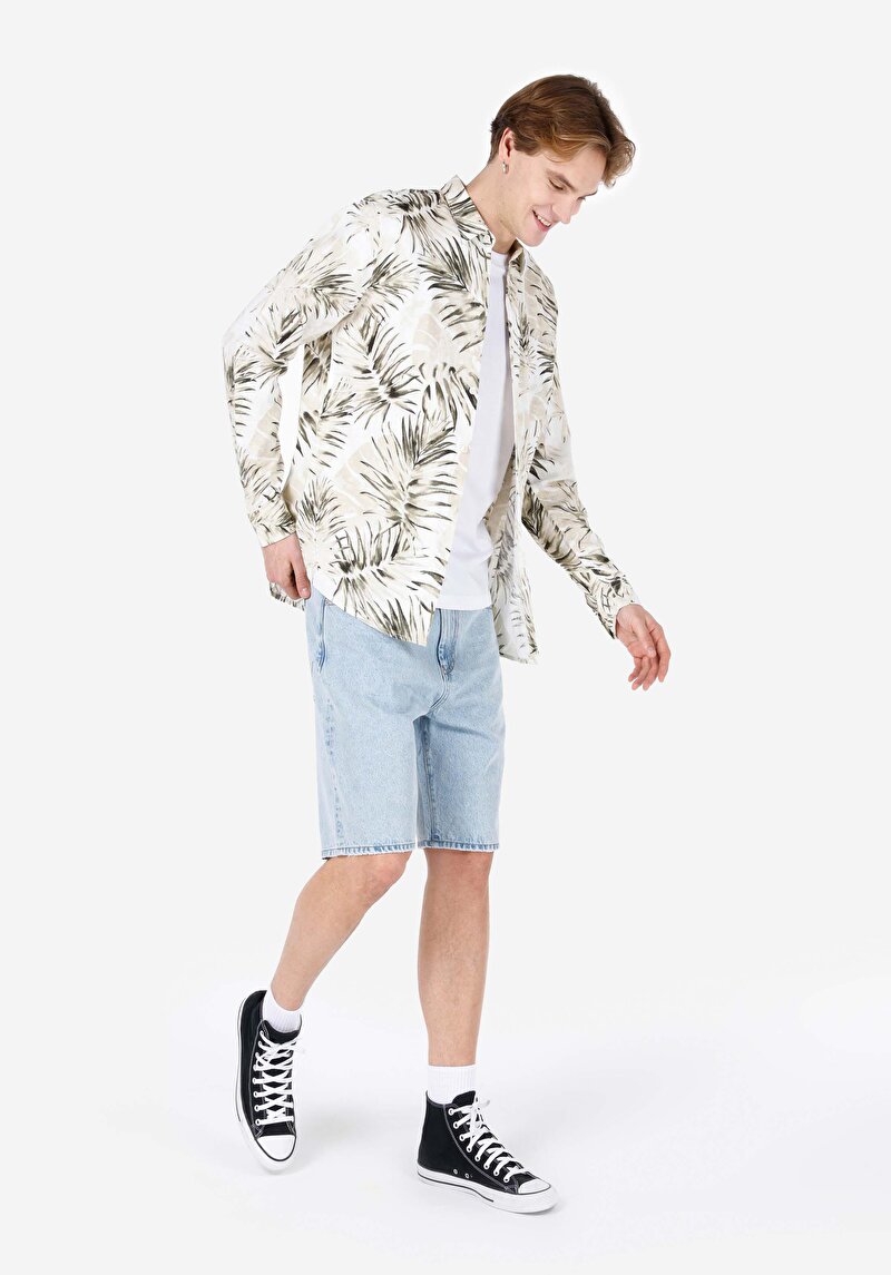 Afișați detalii pentru Cămașă Cu Gât İmprimat Cămașă Cu Mânecă Lungă Bej Pentru Bărbați