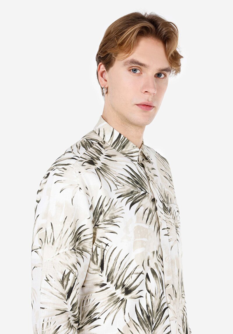 Afișați detalii pentru Cămașă Cu Gât İmprimat Cămașă Cu Mânecă Lungă Bej Pentru Bărbați