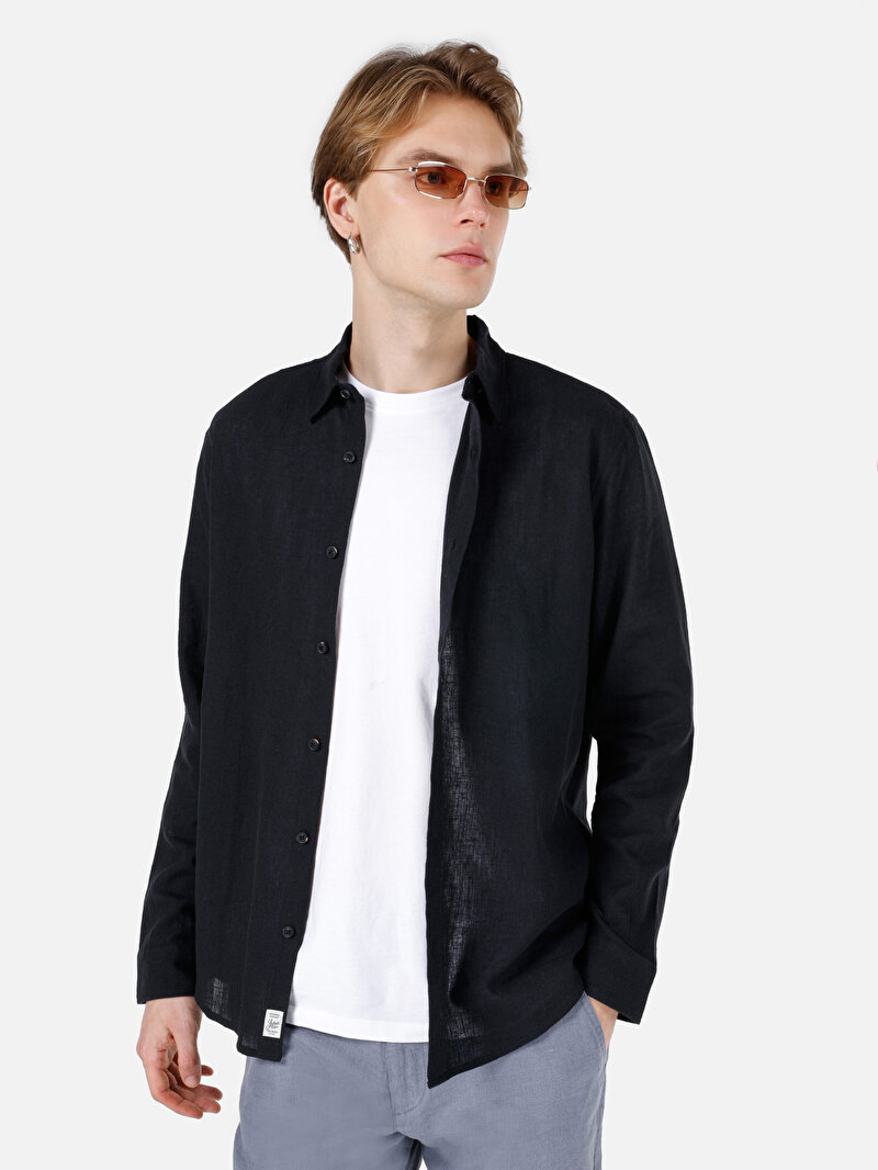 Imagine a Cămașă Comfort Fit Neck Drept Bărbați Negru Cămașă Cu Mânecă Lungă