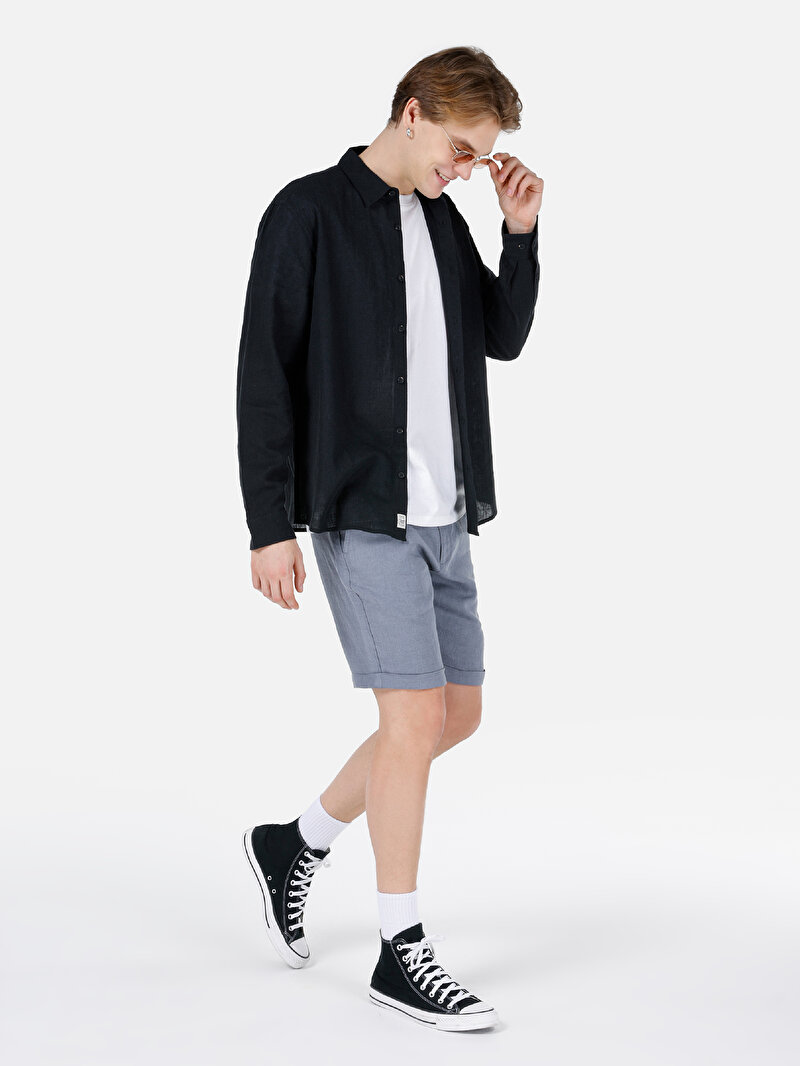 Afișați detalii pentru Cămașă Comfort Fit Neck Drept Bărbați Negru Cămașă Cu Mânecă Lungă