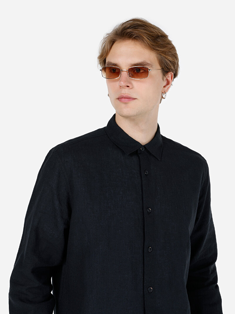 Afișați detalii pentru Cămașă Comfort Fit Neck Drept Bărbați Negru Cămașă Cu Mânecă Lungă