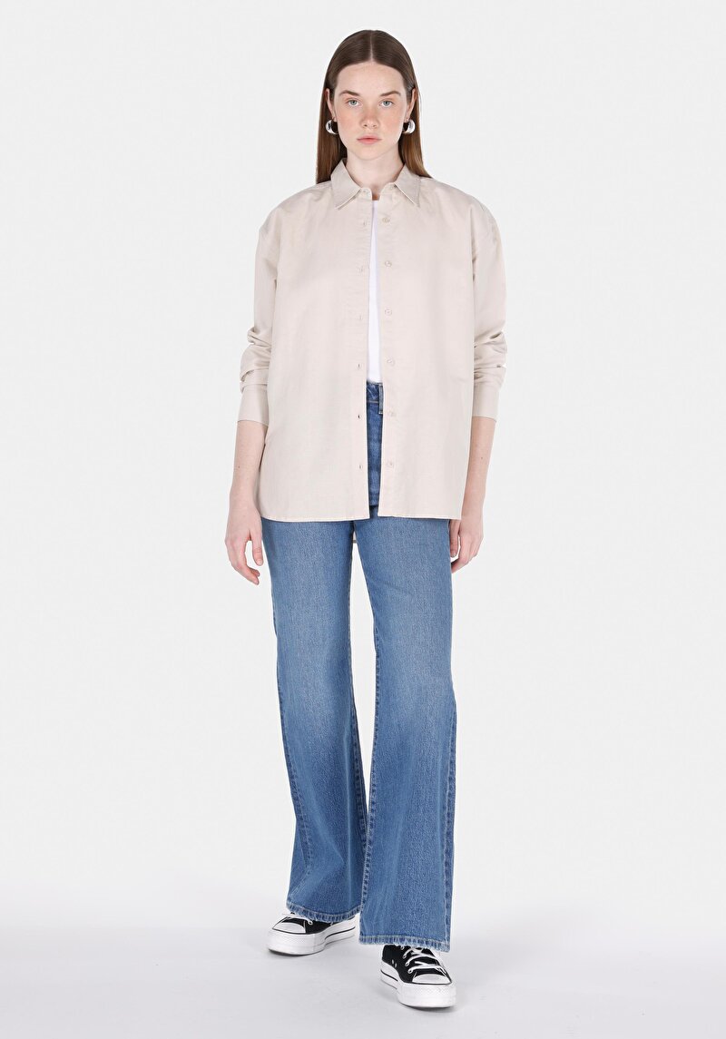 Afișați detalii pentru Cămașă Relaxată Cu Gât Drept Cămașă Cu Mânecă Lungă Bej Pentru Femei