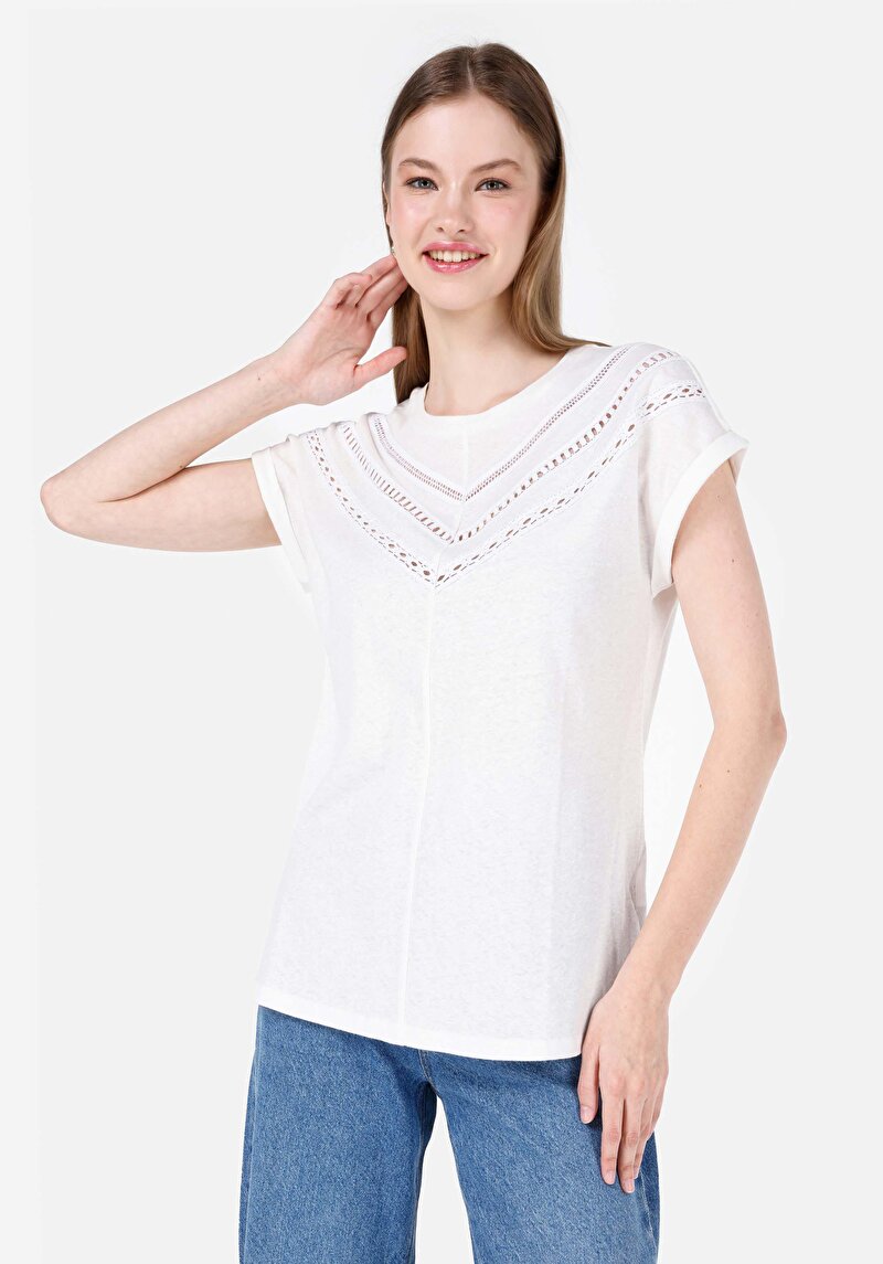 Imagine a Regular Fit Round Neck Drept Tricou Alb Cu Mânecă Scurtă Pentru Femei