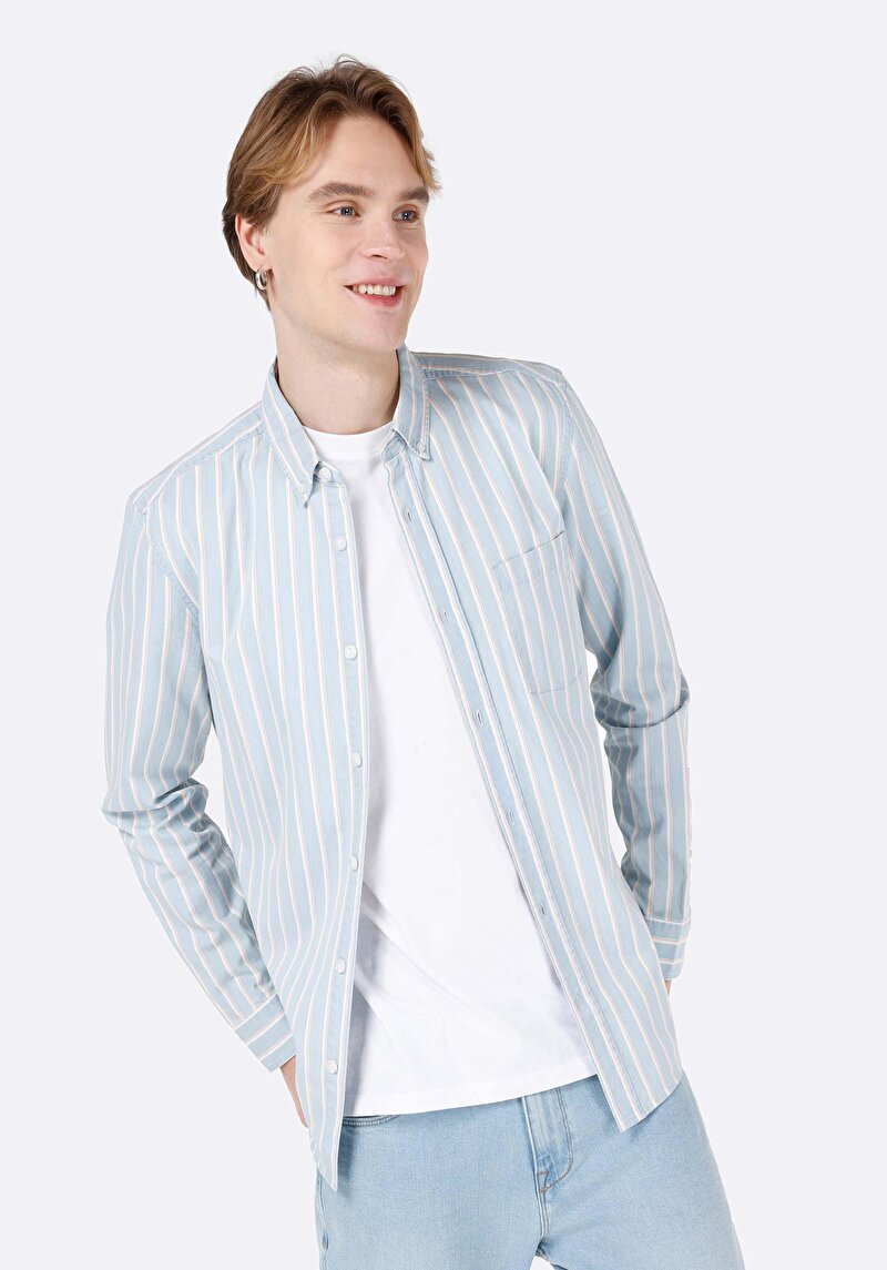 Imagine a Cămașă Slim Fit Cămașă Cu Dungi Cămașă Albastră Cu Mânecă Lungă Pentru Bărbați