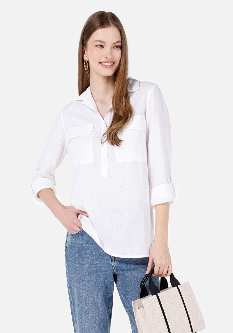 Imagine a Regular Fit Cămașă Decolteu Drept Cămașă Albă Cu Mânecă Lungă Pentru Femei