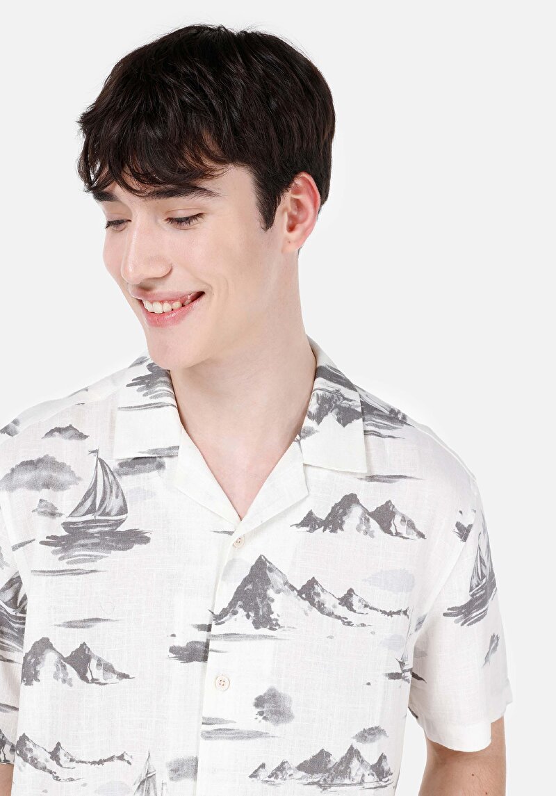 Afișați detalii pentru Cămașă Cu Gât İmprimat Cămașă Albă Cu Mânecă Scurtă Pentru Bărbați