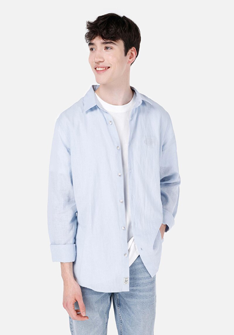 Imagine a Cămașă Comfort Fit Decolteu Drept Cămașă Albastră Manșon Lung Pentru Bărbați