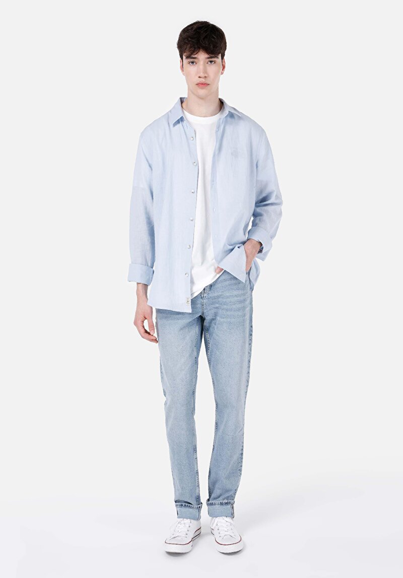 Afișați detalii pentru Cămașă Comfort Fit Decolteu Drept Cămașă Albastră Manșon Lung Pentru Bărbați