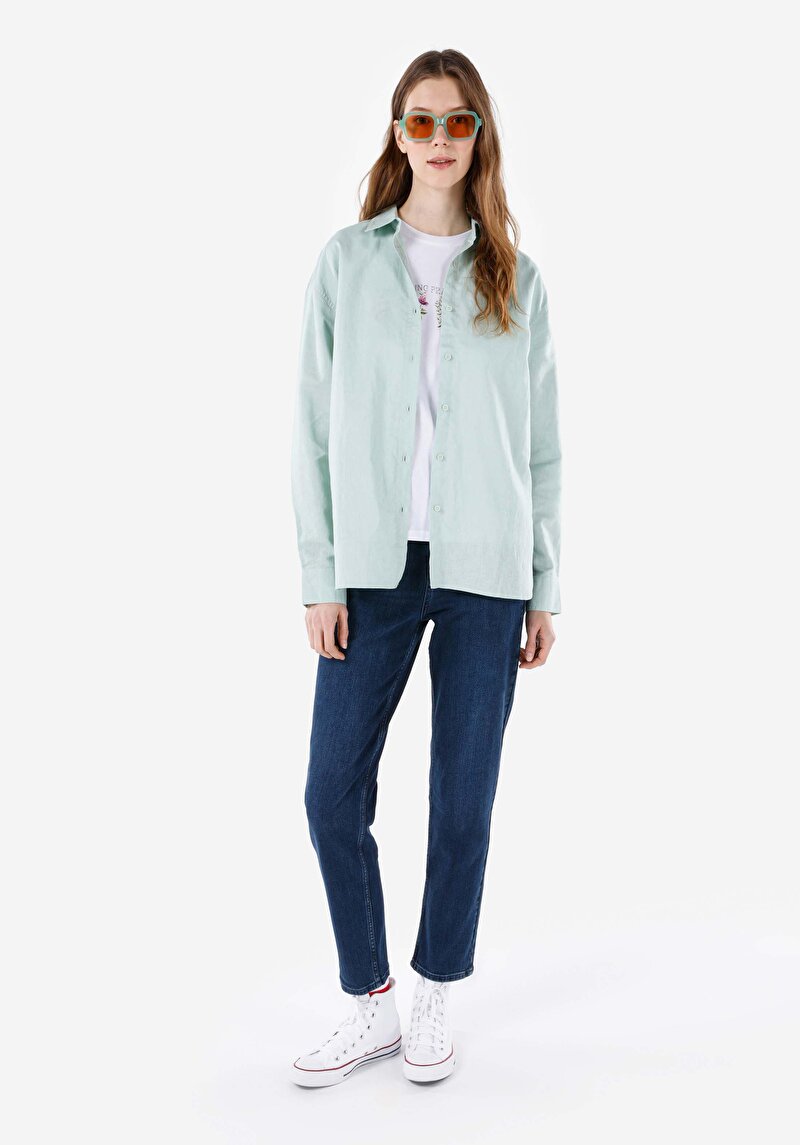 Afișați detalii pentru Cămașă Cu Croială Relaxată Cămașă Dreaptă Pentru Femei Verde Cu Mânecă Lungă