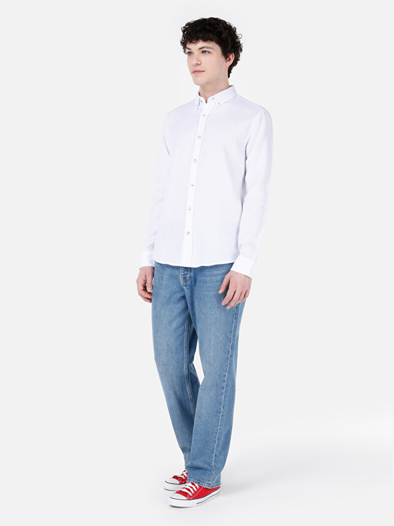 Afișați detalii pentru Cămașă Slim Fit Gât Drept Bărbați Alb Cămașă Cu Mânecă Lungă
