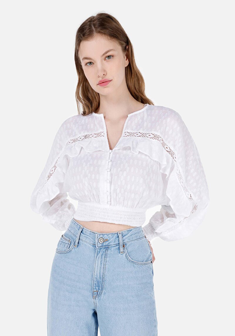 Imagine a Regular Fit Cămașă Albă Cu Mânecă Lungă Pentru Femei Cu Decolteu În V