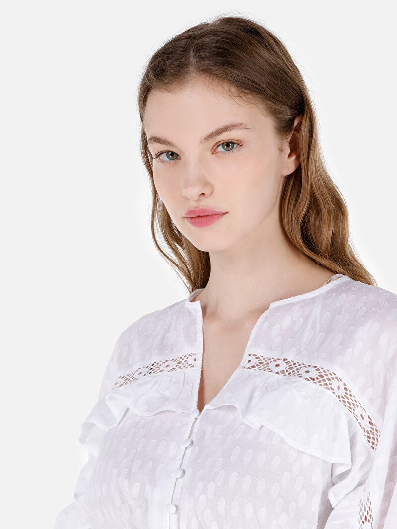 Afișați detalii pentru Regular Fit Cămașă Albă Cu Mânecă Lungă Pentru Femei Cu Decolteu În V