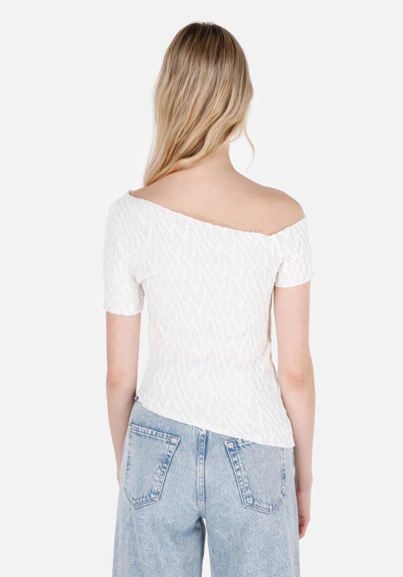 Imagine a Regular Fit Guler Barcă Drept Femei Alb Manșon Scurt Tricou