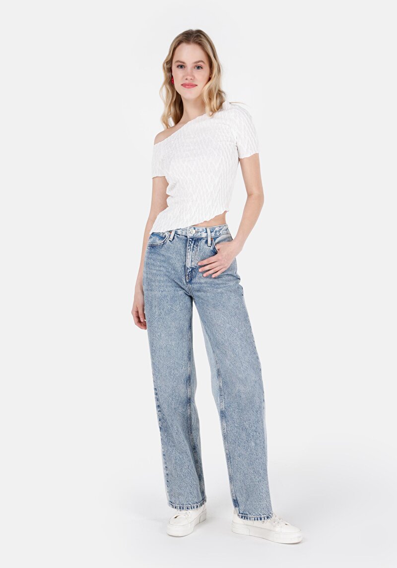 Imagine a Regular Fit Guler Barcă Drept Femei Alb Manșon Scurt Tricou