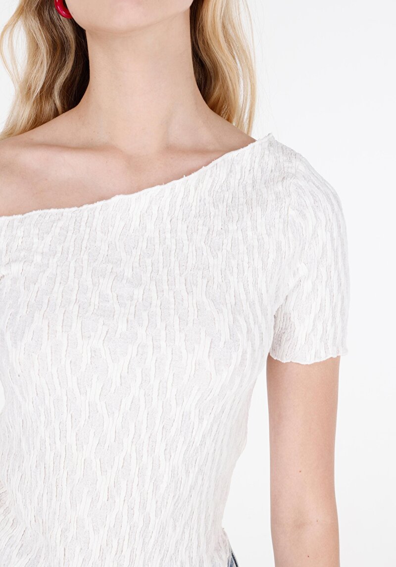 Afișați detalii pentru Regular Fit Guler Barcă Drept Femei Alb Manșon Scurt Tricou