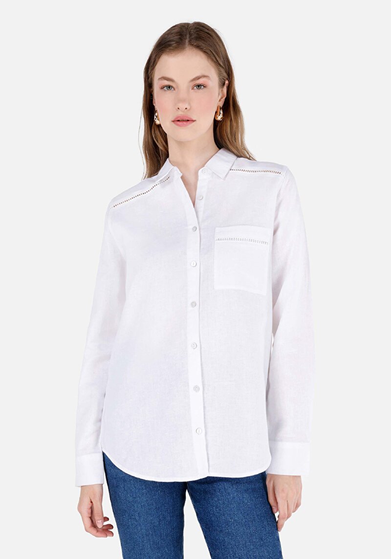 Imagine a Regular Fit Cămașă Decolteu Drept Cămașă Albă Cu Mânecă Lungă Pentru Femei