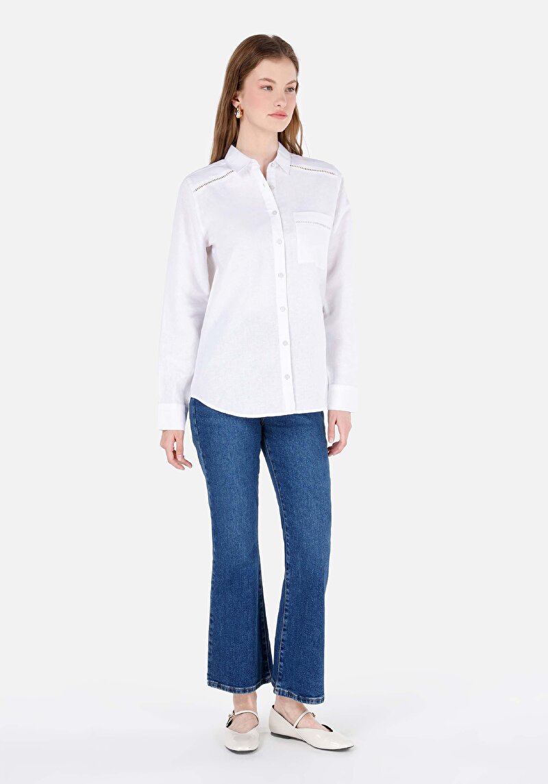 Imagine a Regular Fit Cămașă Decolteu Drept Cămașă Albă Cu Mânecă Lungă Pentru Femei