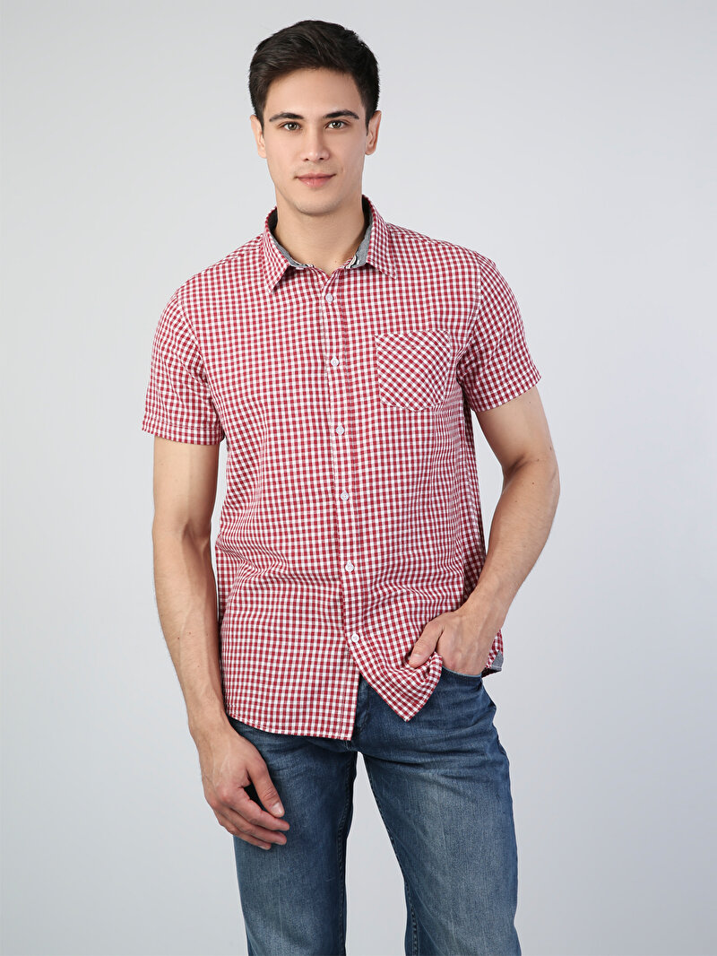 Afișați detalii pentru Gulerul Cămășii Barbati Roşu Camasa Cu Maneca Scurta